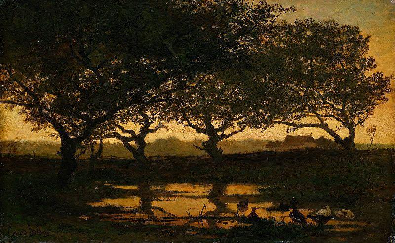 Gerard Bilders Woodland pond at sunset. oil painting image